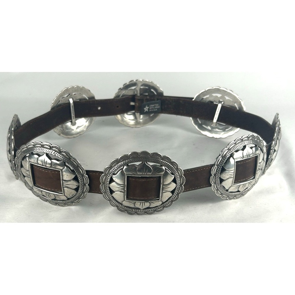 Brighton Vtg 1993 Western Silver Concho Belt Brown Leather Sz L Big Sunflower